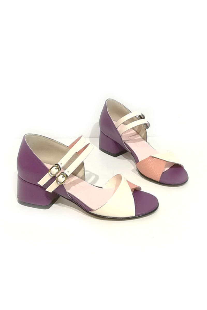 Buy Sandals women`s heel buckle leather lilac white retro, Designer comfortable stylish shoes 